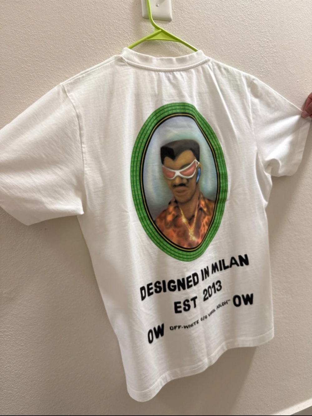 Off-White White Tee with Green Oval Frame and Multicolor Portrait